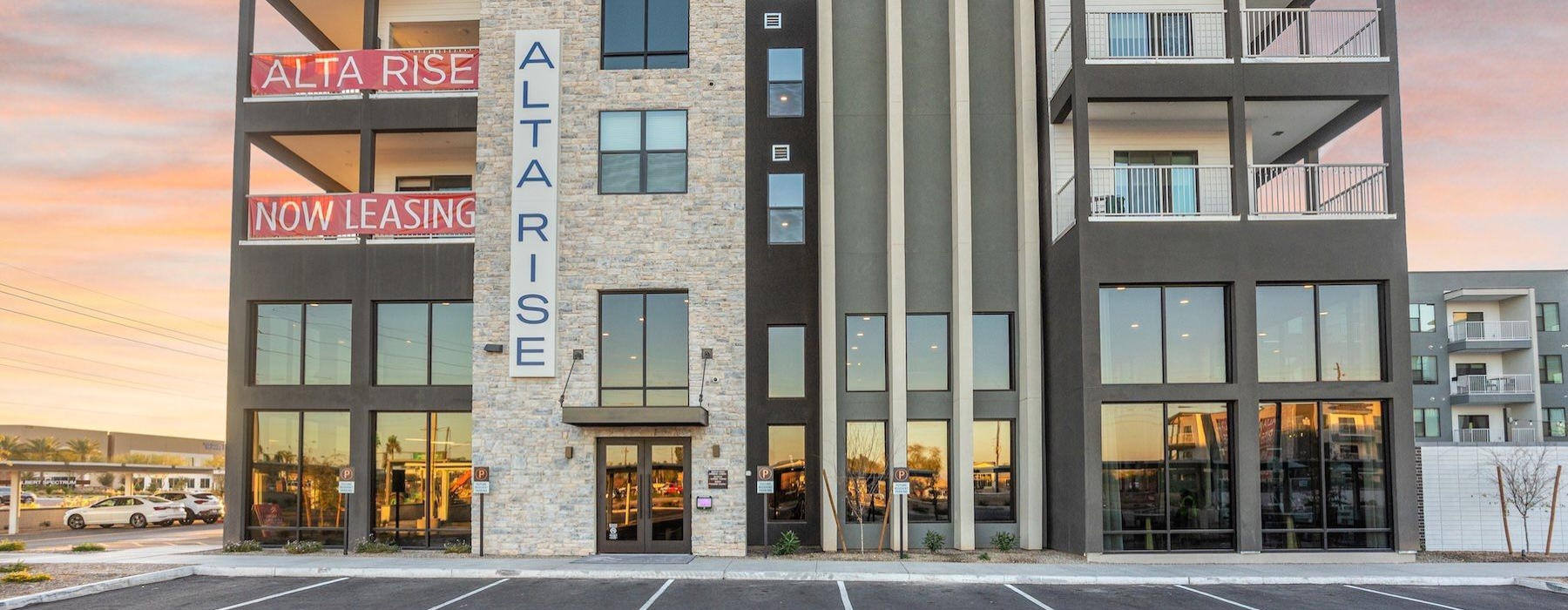 a building with a parking lot